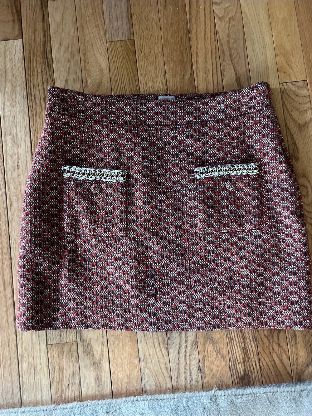 INC International Concepts Red Tweed Mini Skirt with Braided Pocket Trim
